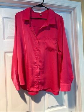 Women’s Bright Pink Satin Button-Up Blouse